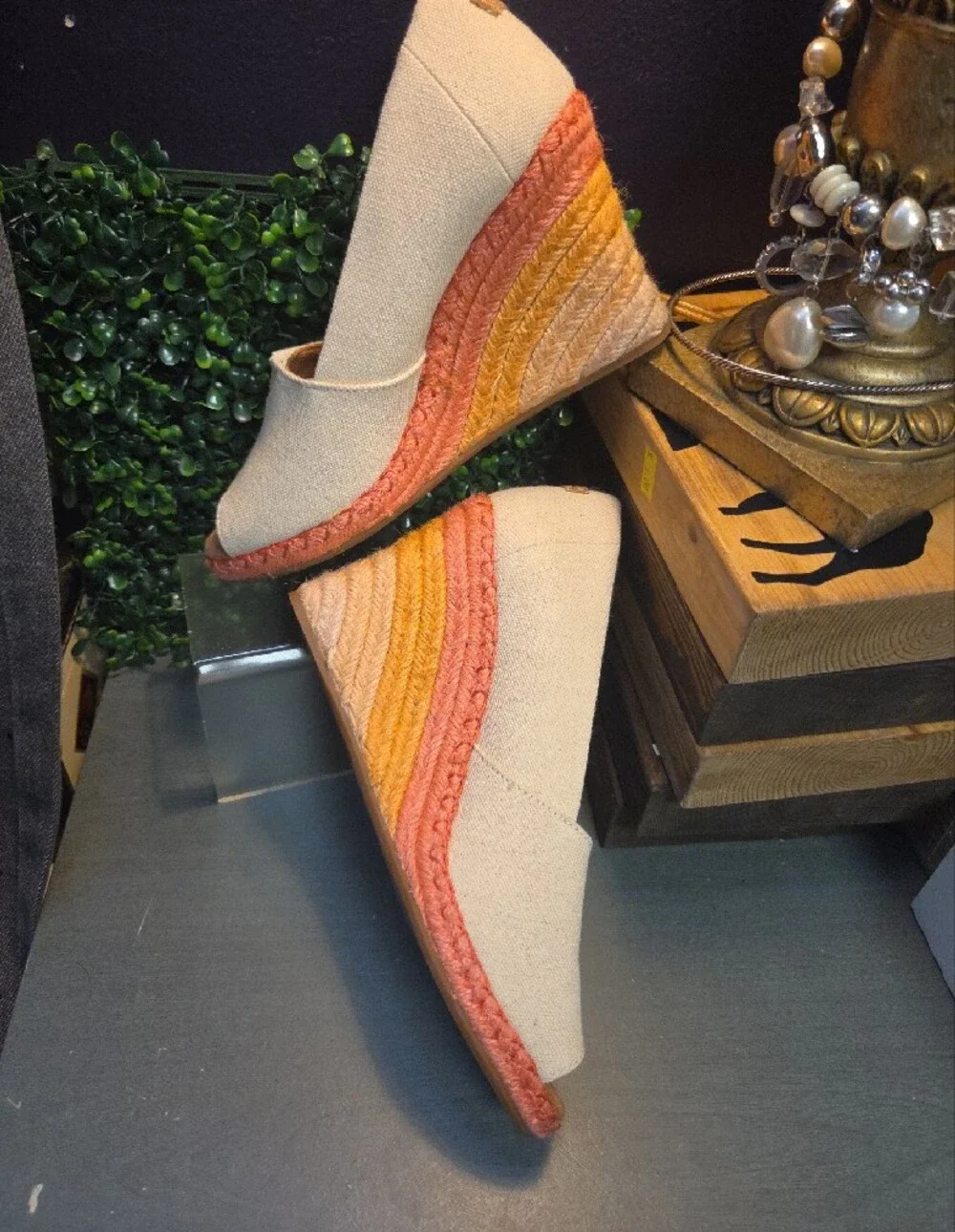 Toms Sunrise Canvas Peep-Toe Wedges with Orange & Yellow Braided Espadrille Heel